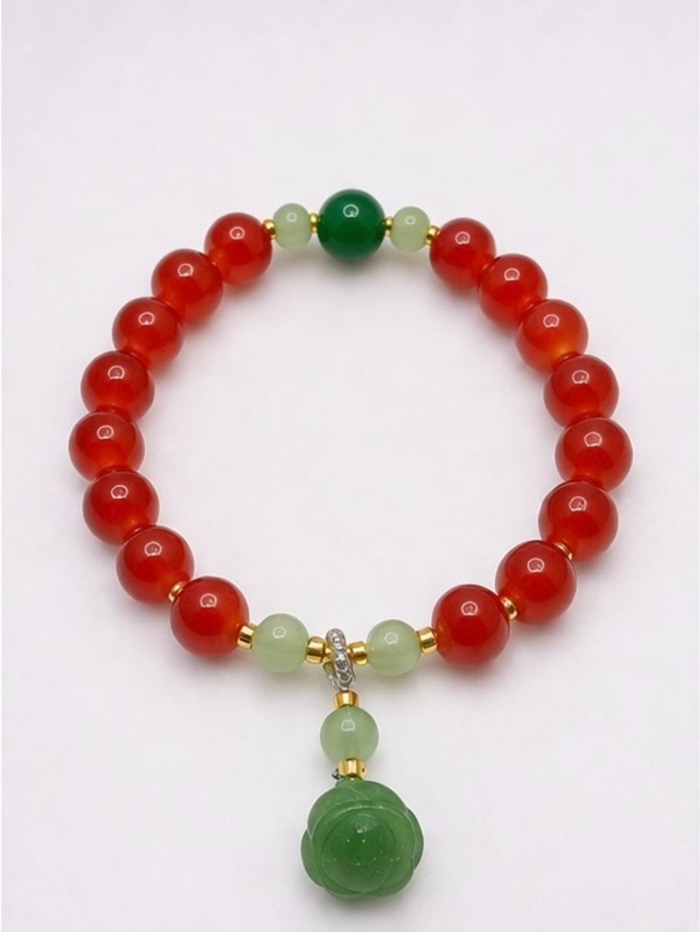 Red/Green Glass Beaded Bracelet with Green Pendant | Stretch Stack